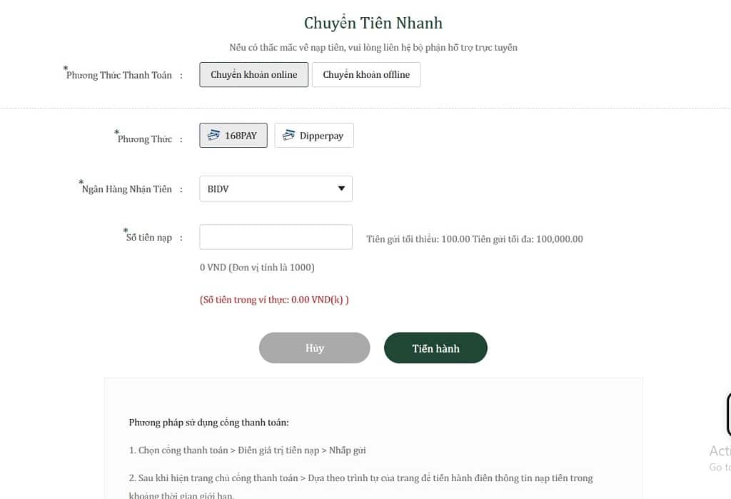 Giao diện nạp tiền AE388