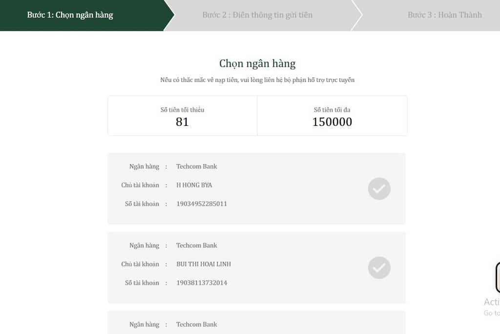 Tài khoản Ngân hàng khi nạp tiền tại AE888