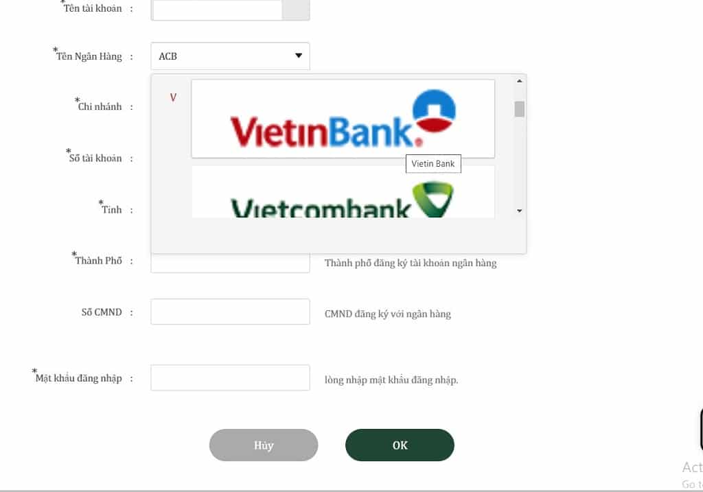 Thêm tài khoản Ngân hàng khi rút tiền tại AE388